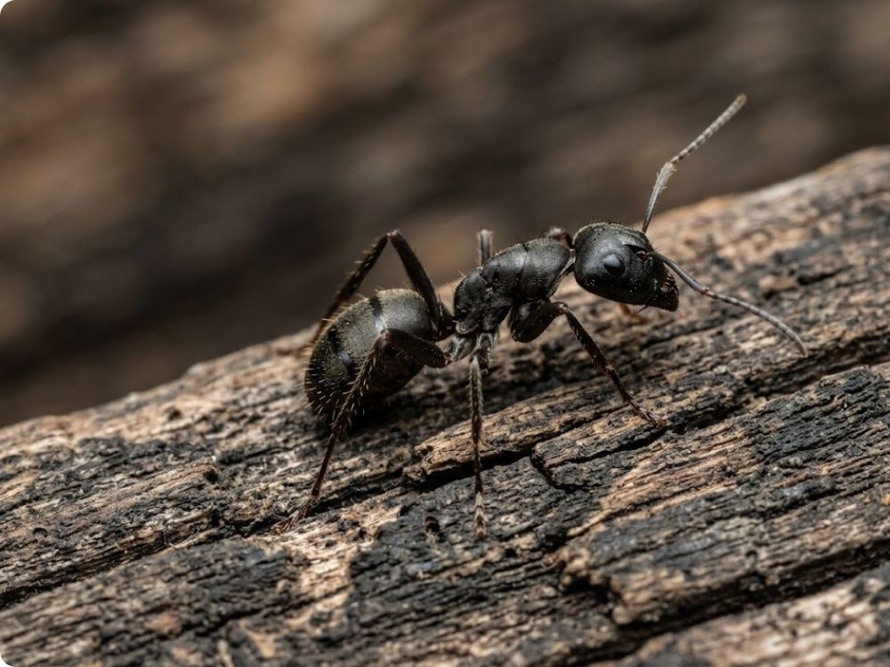 Large black carpenter ant on weathered wood