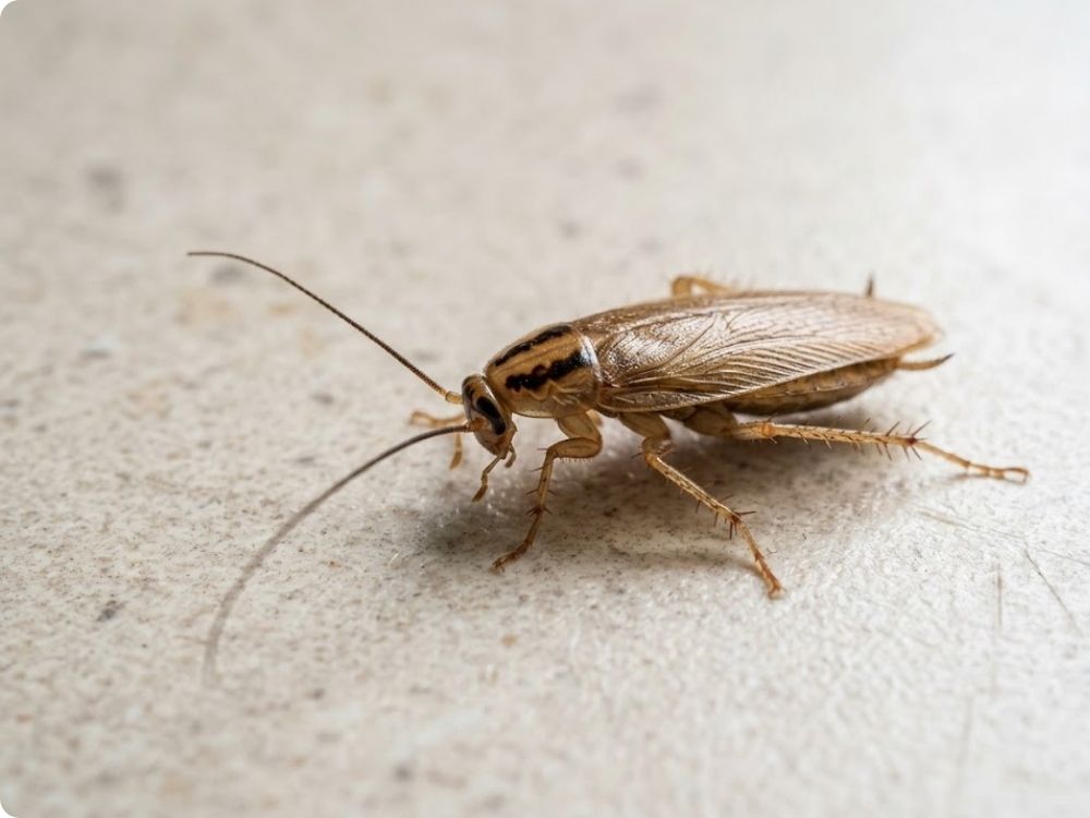 Close-up of a small tan German cockroach found in Brownsville kitchens