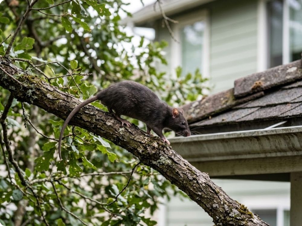 Slender roof rat on a branch near a rooftop, common in Brownsville palm canopy