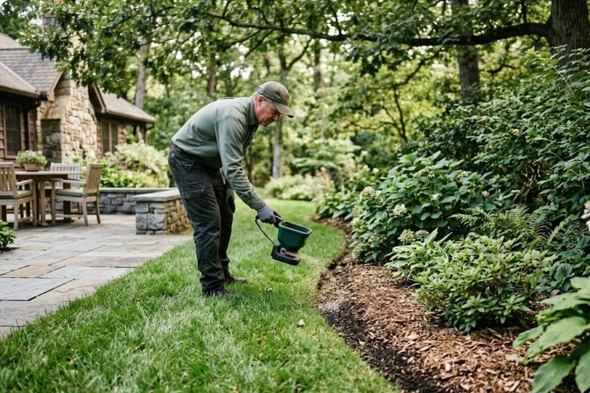 Technician treating a shaded lawn and shrub border for fleas beside a Brownsville patio