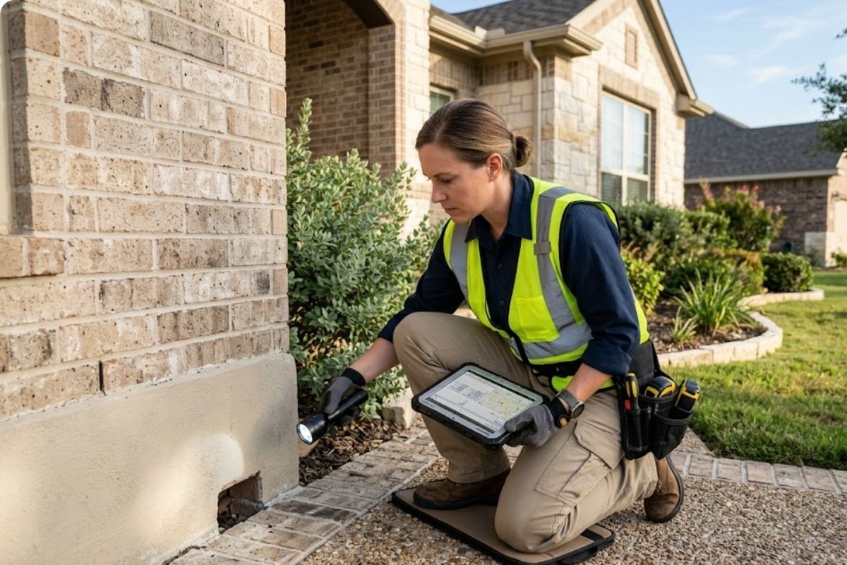 Pest control technician inspecting a home in the Brownsville service area