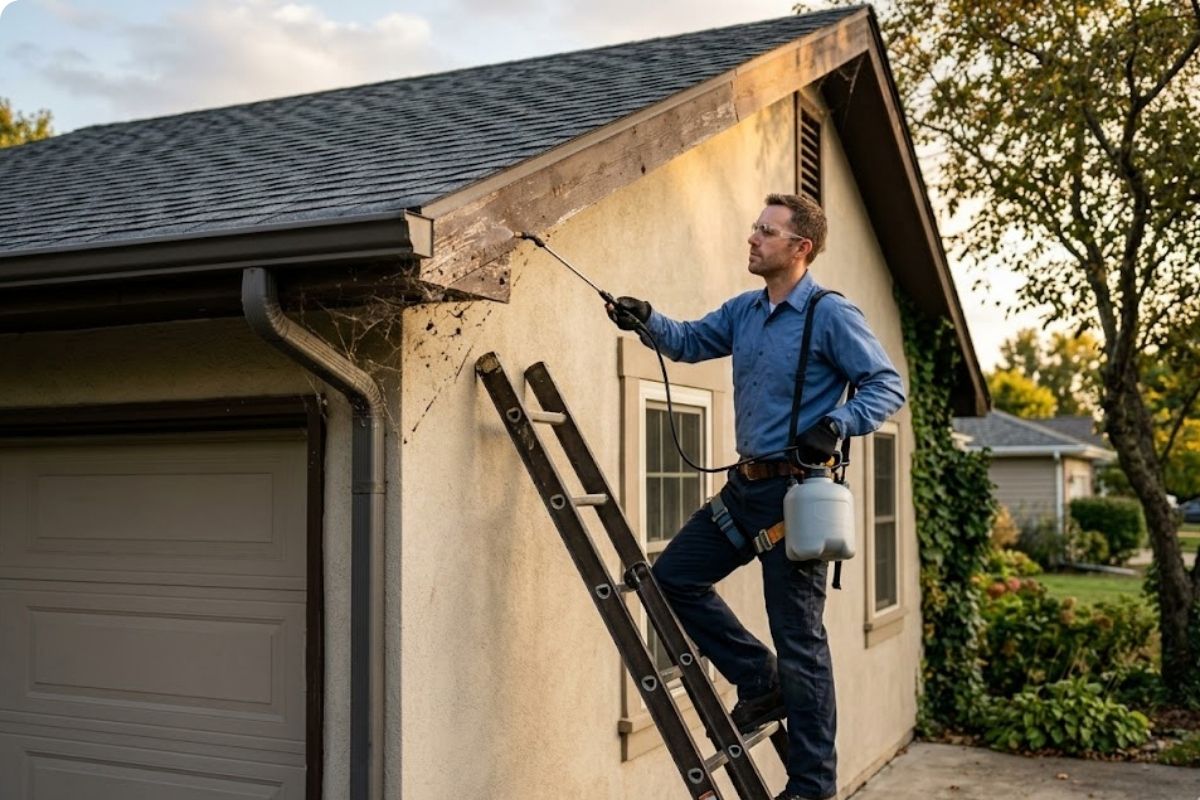Technician treating garage corners and eaves for spiders at a Brownsville home
