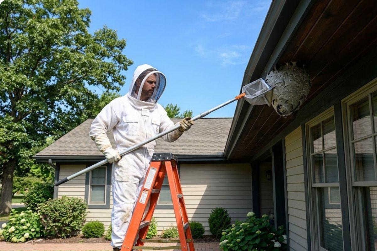Technician in protective gear removing a paper-wasp nest from under a residential eave in Brownsville