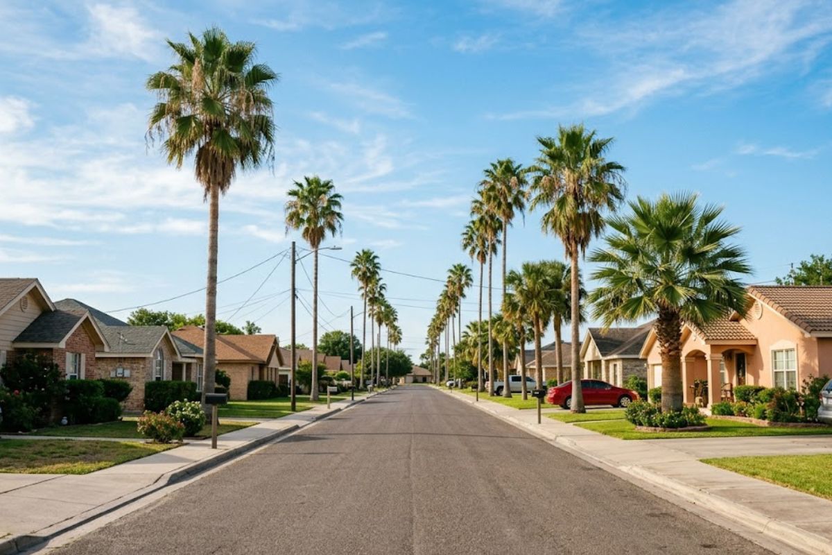 Typical Brownsville residential street with palm trees served by Brownsville Pest Control