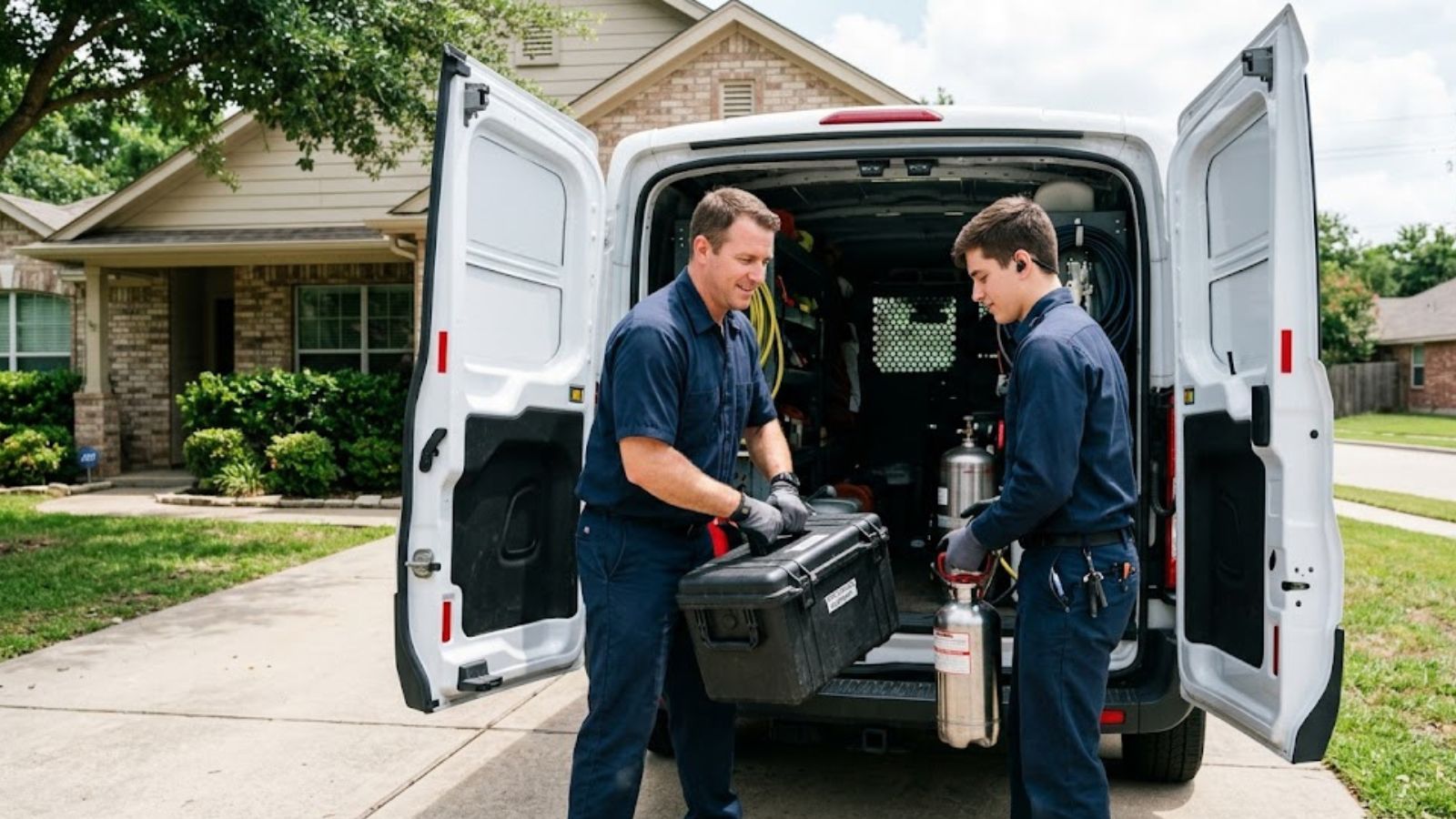 Two Brownsville Pest Control technicians loading equipment into a service van